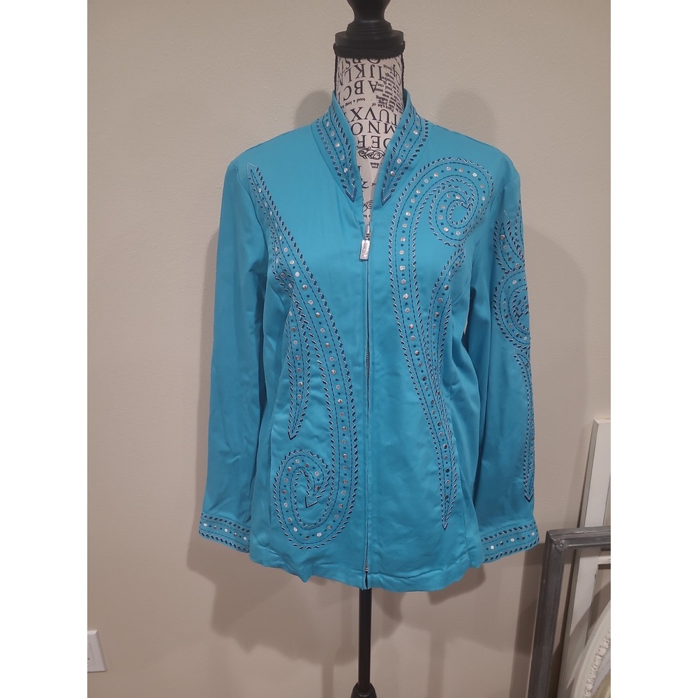 Bob Mackie Western Wearable Art Turquoise zip Jacket Women SZ S pocket embellish